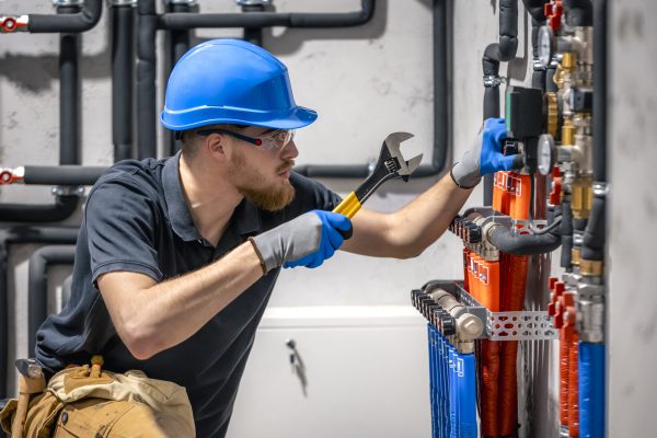 The technician checking the heating system in the boiler room. Adjusting heating valves in a residential building. A plumbing and heating technician works.