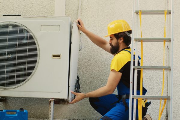 Experienced wireman dissasembling external air conditioner metal side coil panel to check for bad wiring. Meticulous electrician doing repairing on malfunctioning hvac system